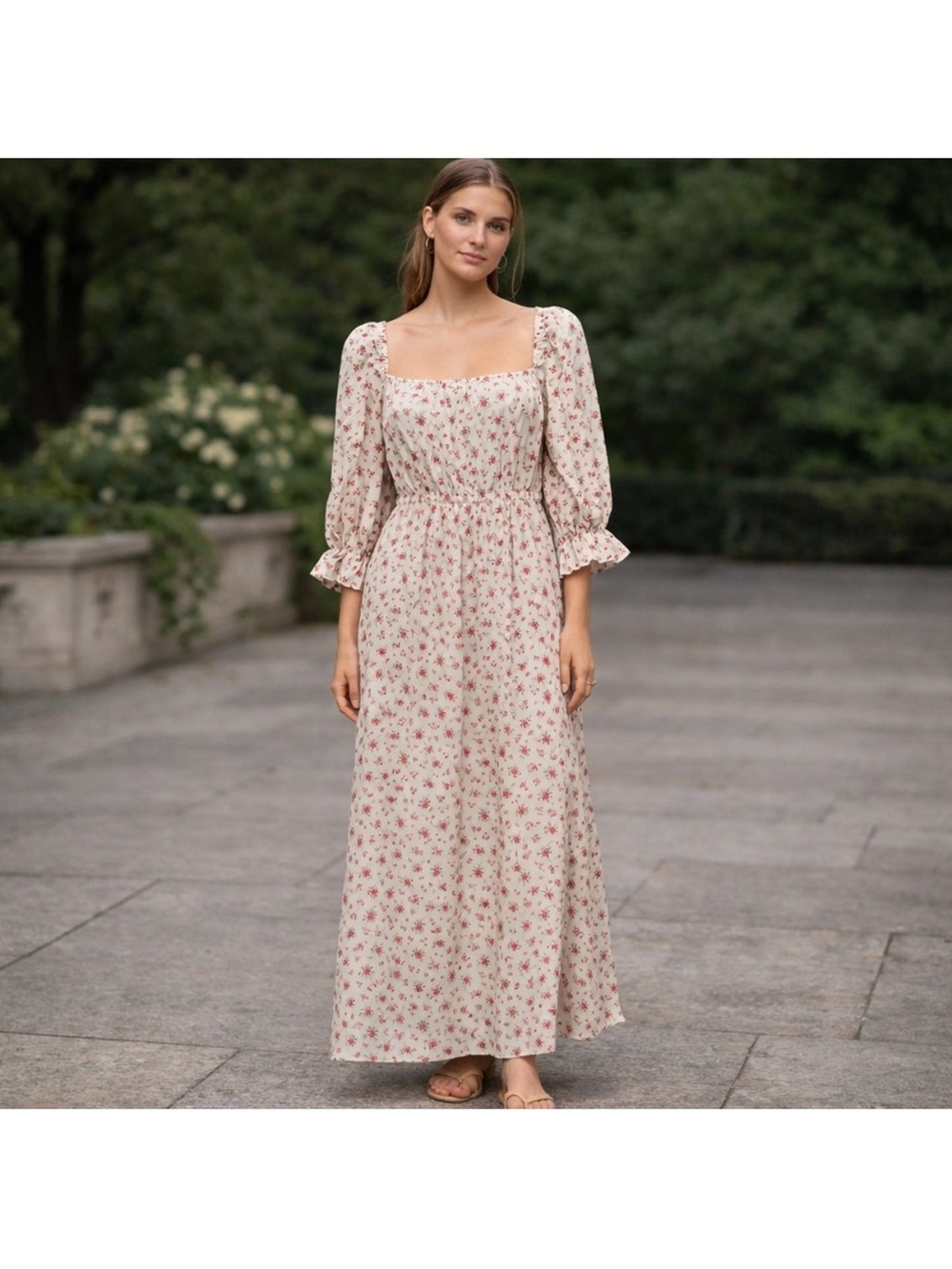 Reflex Cream Maxi Dress with Pink Floral Print and Puff Sleeves